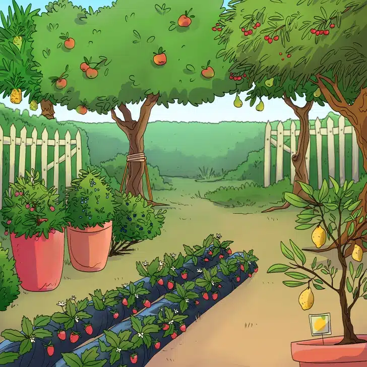 Teste visual com um pomar caseiro com árvores frutíferas, hortaliças, morangos e plantas em vasos