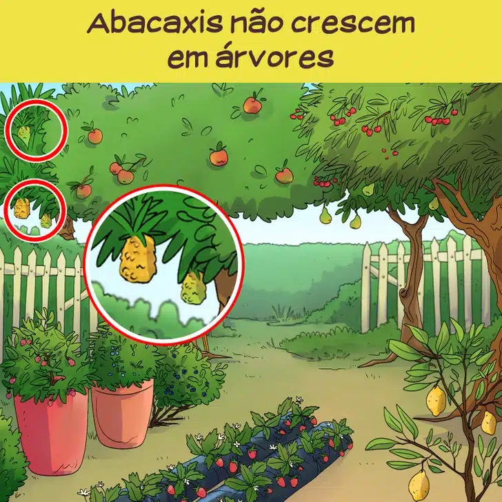 Teste visual com um pomar caseiro com árvores frutíferas, hortaliças, morangos e plantas em vasos