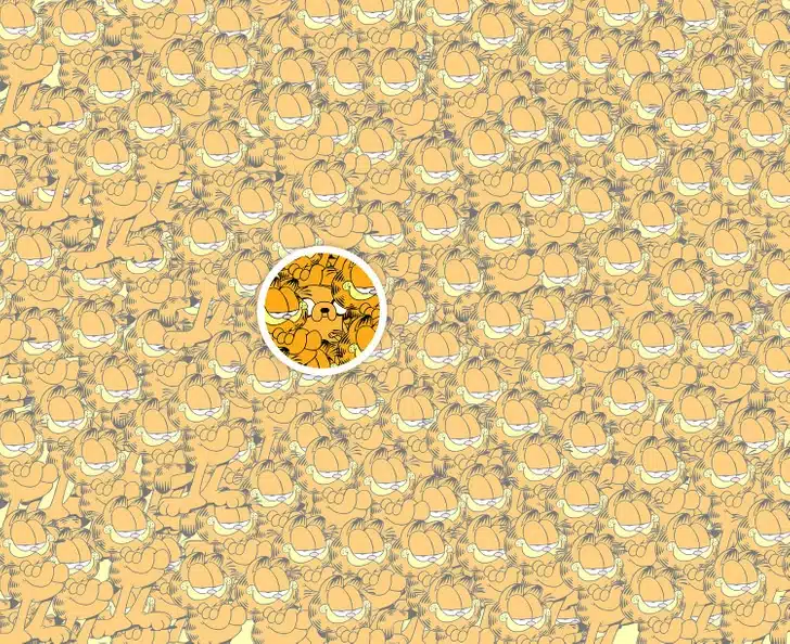 Teste visual com vários personagens Garfield em tons de laranja e amarelo, desafiando a encontrar o personagem Jack