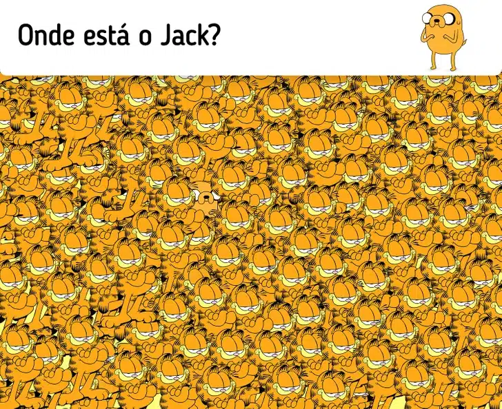 Teste visual com vários personagens Garfield em tons de laranja e amarelo, desafiando a encontrar o personagem Jack