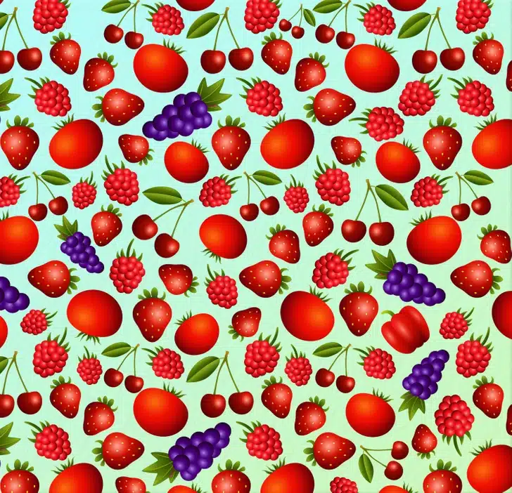Teste visual com desenho repetido com morangos, cerejas, framboesas, tomates e uvas