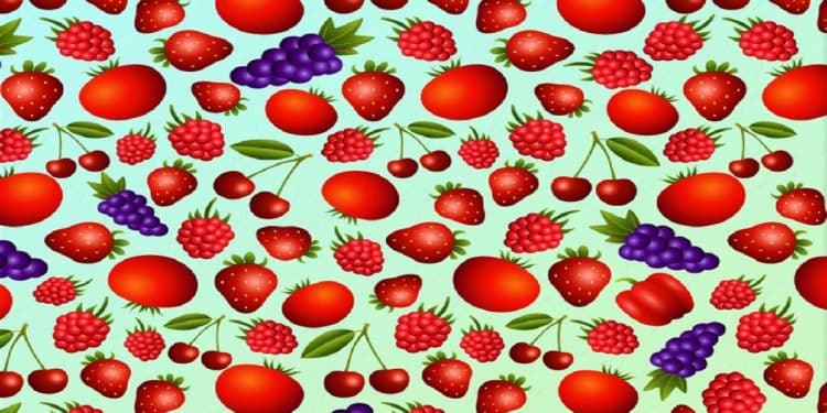 Teste visual com desenho repetido com morangos, cerejas, framboesas, tomates e uvas