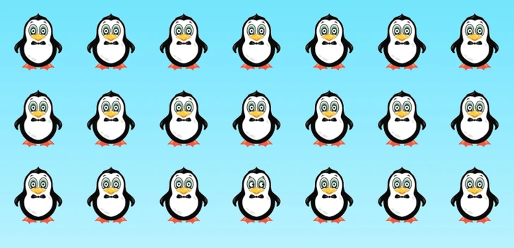 Teste visual com 21 pinguins desenhados em filas, todos parecidos, exceto um diferente