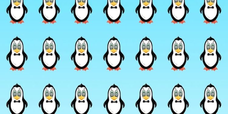 Teste visual com 21 pinguins desenhados em filas, todos parecidos, exceto um diferente