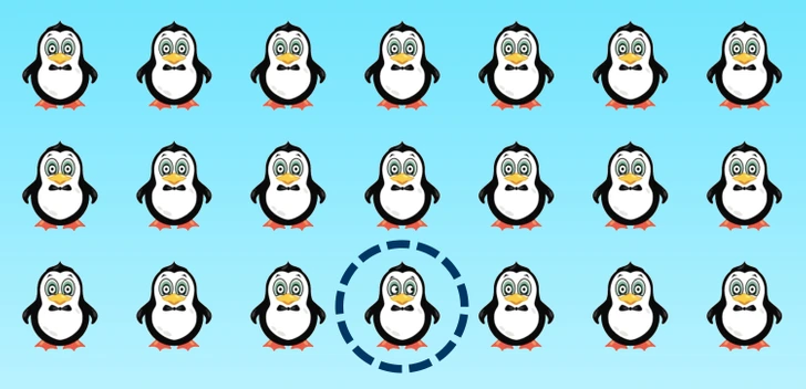 Teste visual com 21 pinguins desenhados em filas, todos parecidos, exceto um diferente