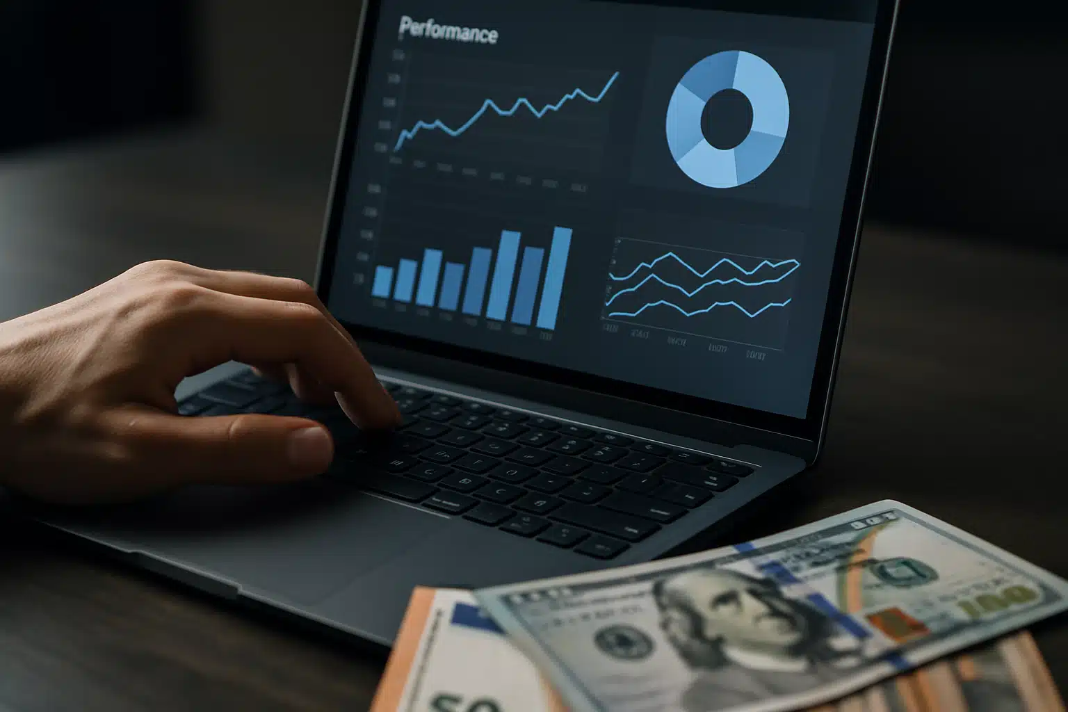 Mão de uma pessoa digitando em um laptop enquanto visualiza gráficos de performance no computador, com notas de dólares ao lado.