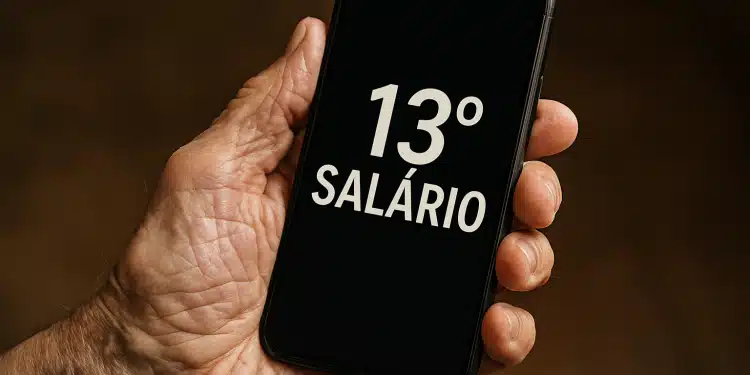 Mão segura celular que mostra a frase “13º salário” na tela em fundo escuro.