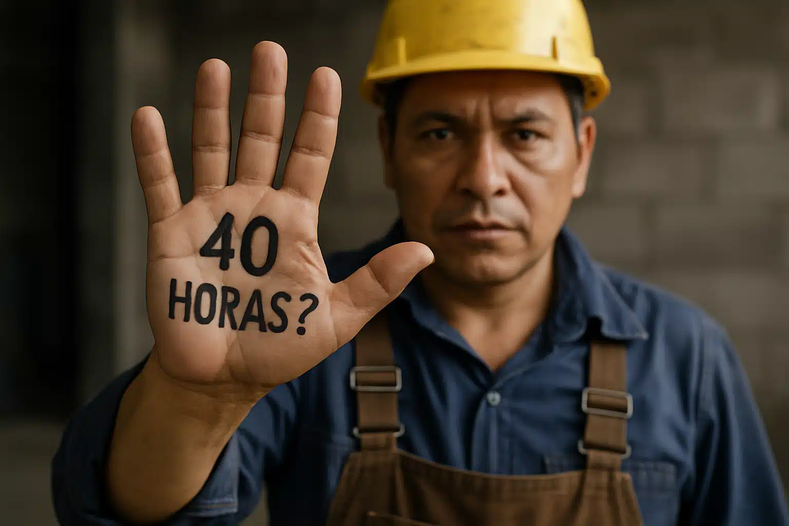 Trabalhador com capacete de segurança mostrando a mão com a frase '40 horas?' escrita.