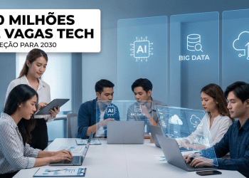 Equipe de especialistas em tecnologia trabalha integrada usando laptops e painéis virtuais de IA e big data