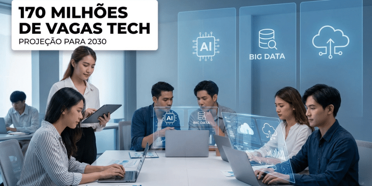 Equipe de especialistas em tecnologia trabalha integrada usando laptops e painéis virtuais de IA e big data