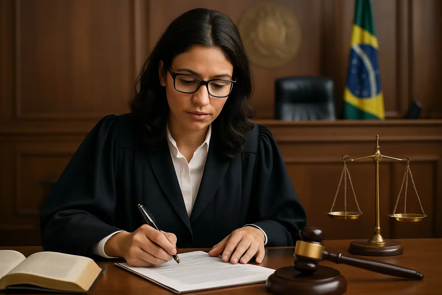 Juíza brasileira assinando documento em tribunal.