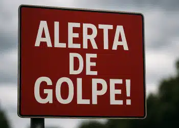 Placa vermelha com os dizeres 'Alerta de golpe!' em branco.