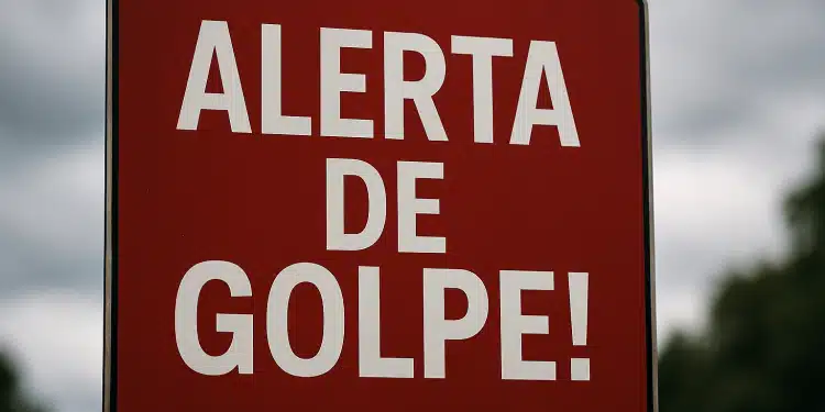 Placa vermelha com os dizeres 'Alerta de golpe!' em branco.