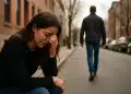 Mulher sentada chorando na calçada enquanto um homem se afasta.