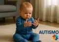 Bebê sentado no tapete olhando para as próprias mãos com expressão de concentração, ao lado da palavra 'AUTISMO' e ícone de quebra-cabeça colorido.