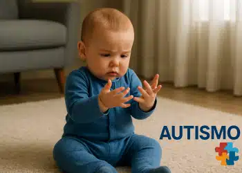 Bebê sentado no tapete olhando para as próprias mãos com expressão de concentração, ao lado da palavra 'AUTISMO' e ícone de quebra-cabeça colorido.