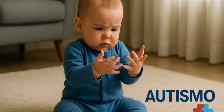 Bebê sentado no tapete olhando para as próprias mãos com expressão de concentração, ao lado da palavra 'AUTISMO' e ícone de quebra-cabeça colorido.