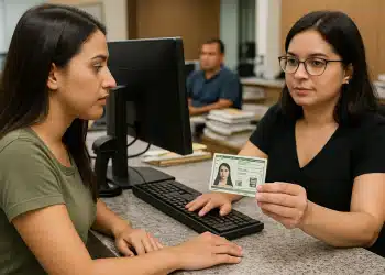 Atendente entregando um documento de identidade para uma mulher em um balcão.