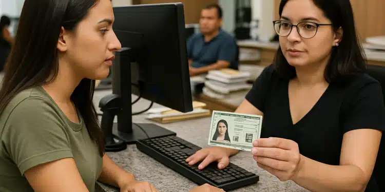 Atendente entregando um documento de identidade para uma mulher em um balcão.
