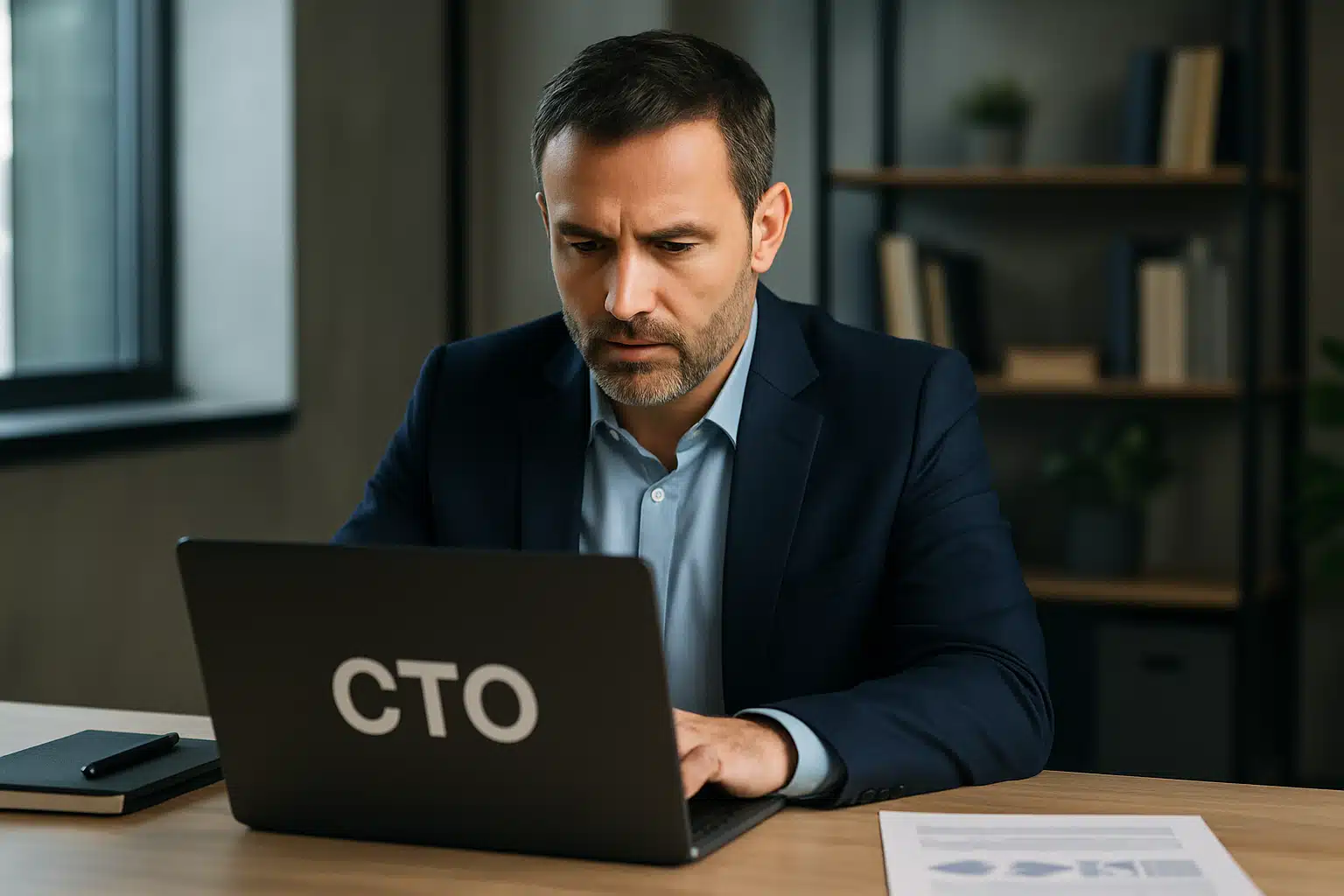 Homem de terno usando notebook com a sigla CTO