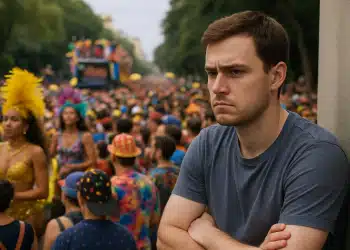 Homem sério encostado em uma parede durante um bloco de carnaval lotado.