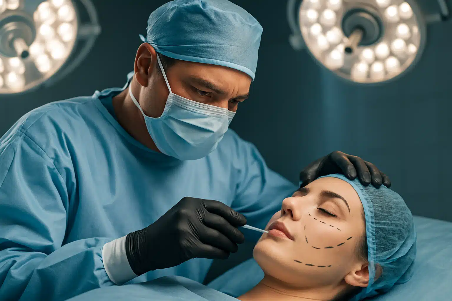 Cirurgião plástico marcando o rosto de paciente antes de cirurgia estética