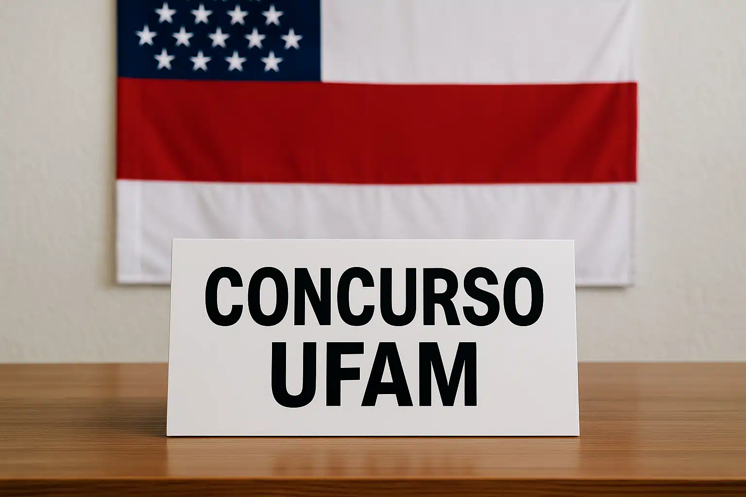 Placa com os dizeres Concurso UFAM sobre uma mesa.