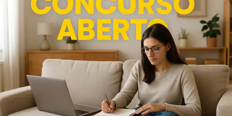 Mulher estudando em casa com notebook e livros, texto 'Concurso Aberto' ao fundo