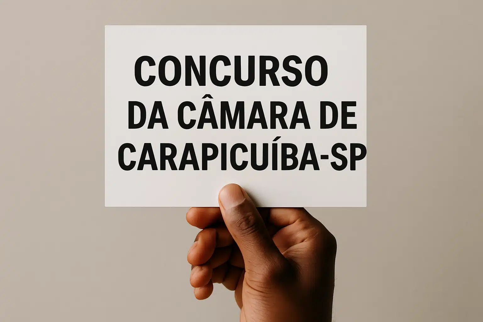 Pessoa segurando placa com os dizeres: Concurso da Câmara de Carapicuíba-SP.
