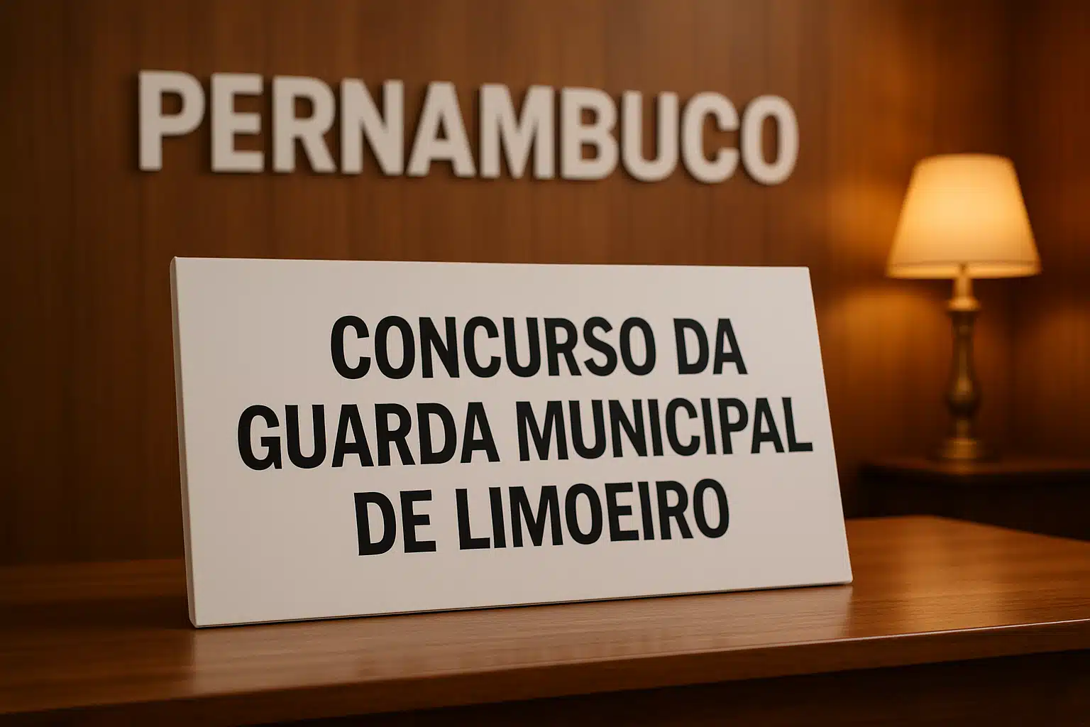 Placa com os dizeres 'Concurso da Guarda Municipal de Limoeiro' sobre uma mesa de madeira.
