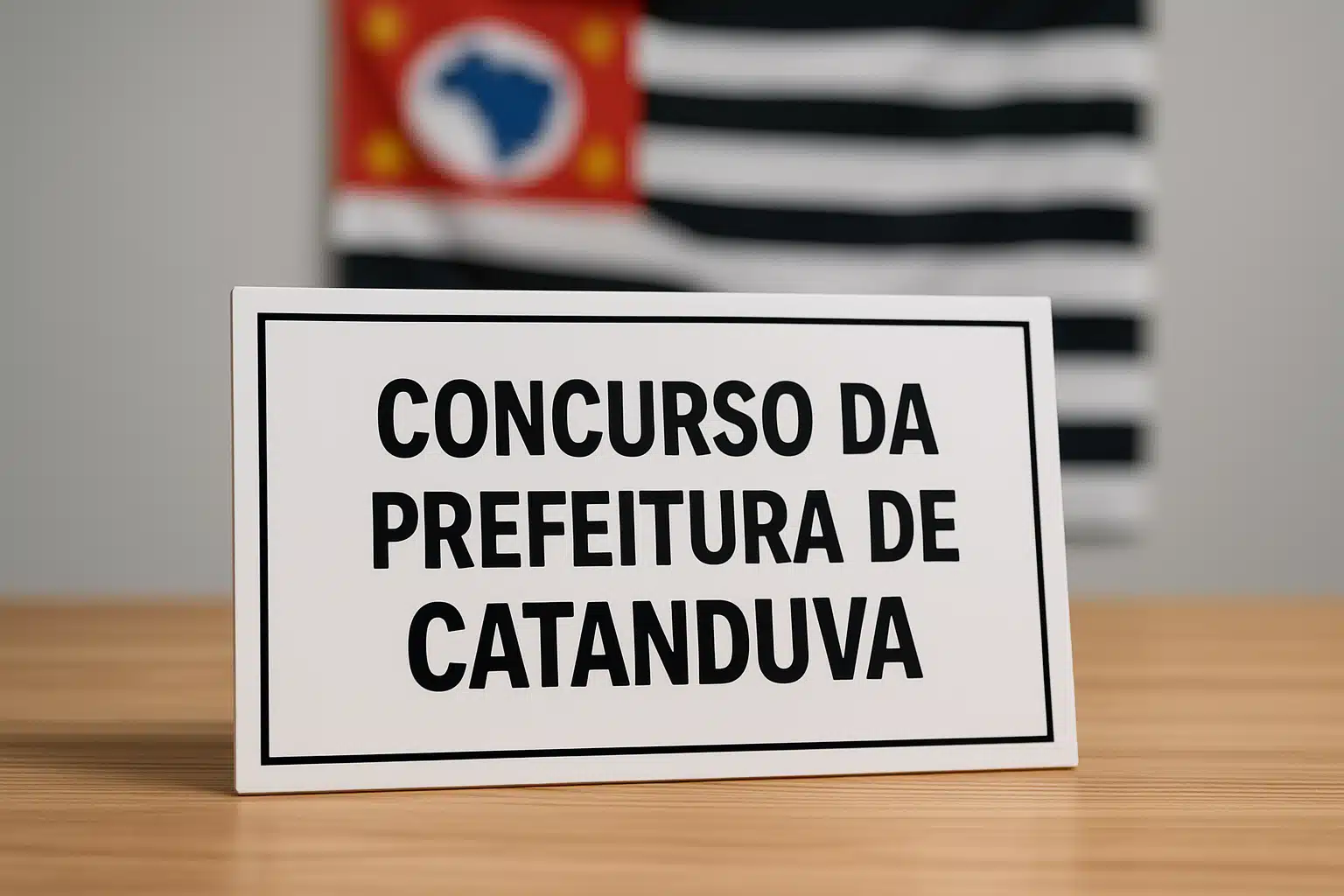 Placa escrita Concurso da Prefeitura de Catanduva sobre mesa.