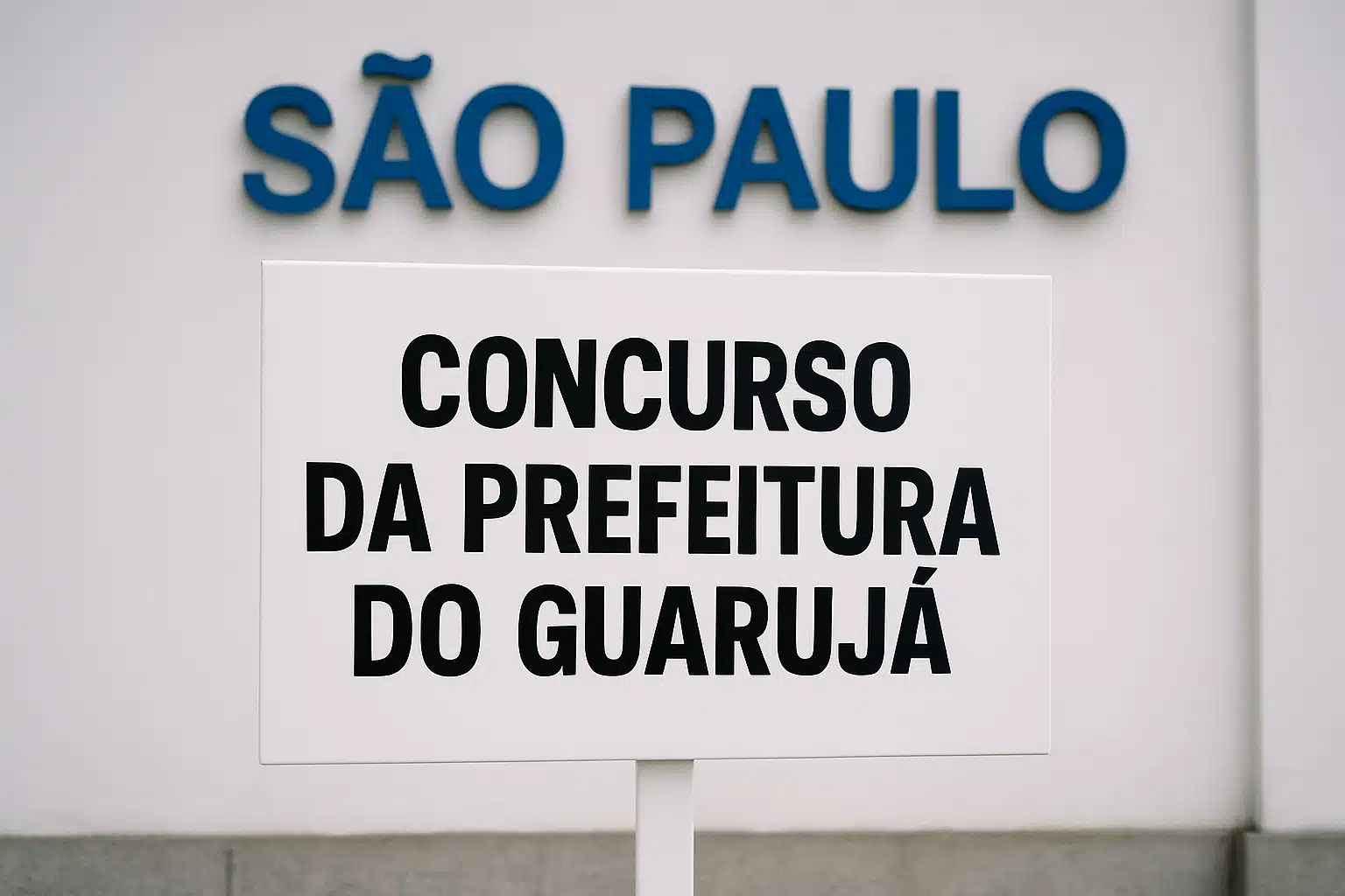 Placa anuncia concurso da prefeitura do Guarujá em frente a prédio com inscrição 'São Paulo'.