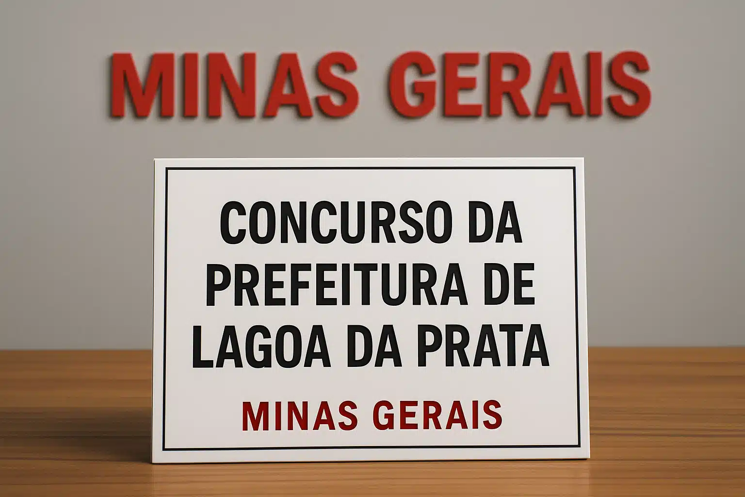Placa escrita 'Concurso da Prefeitura de Lagoa da Prata Minas Gerais', sobre uma mesa.