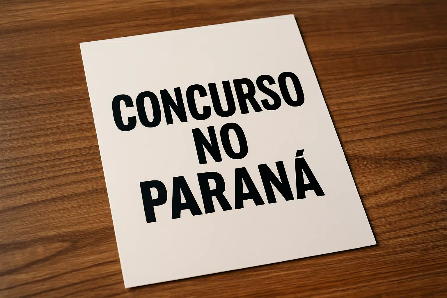 Cartaz com os dizeres 'Concurso no Paraná' sobre uma mesa de madeira.