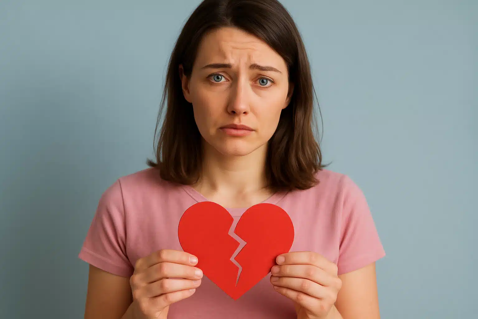 Mulher triste segurando um coração de papel partido.