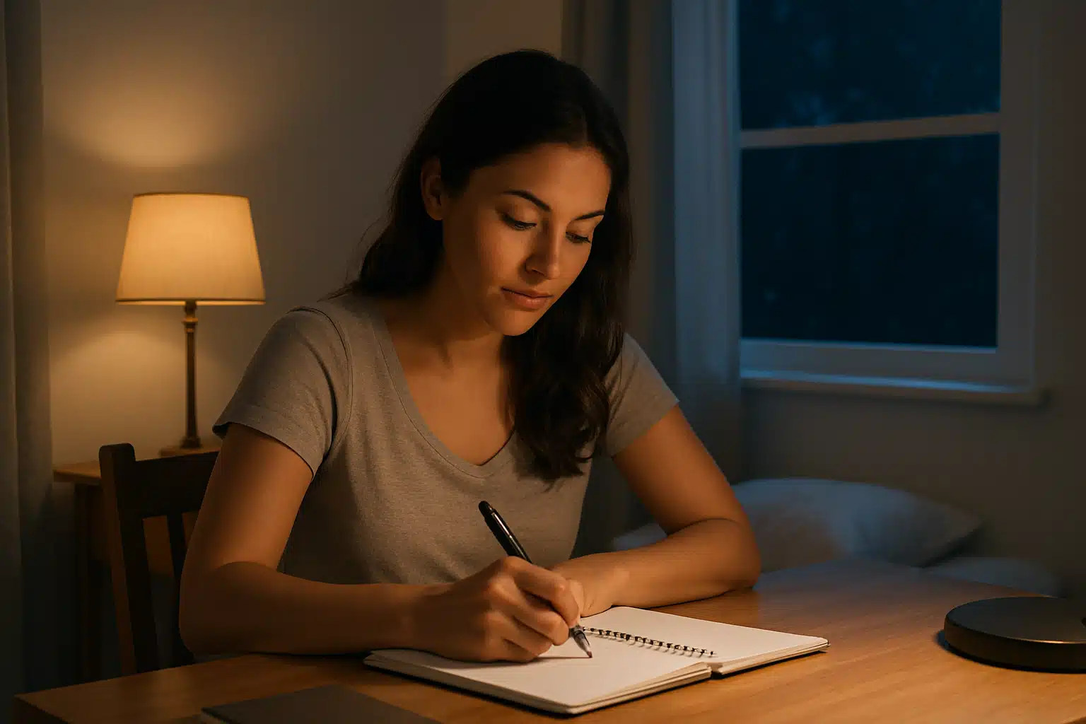 Mulher escrevendo em um caderno à noite.