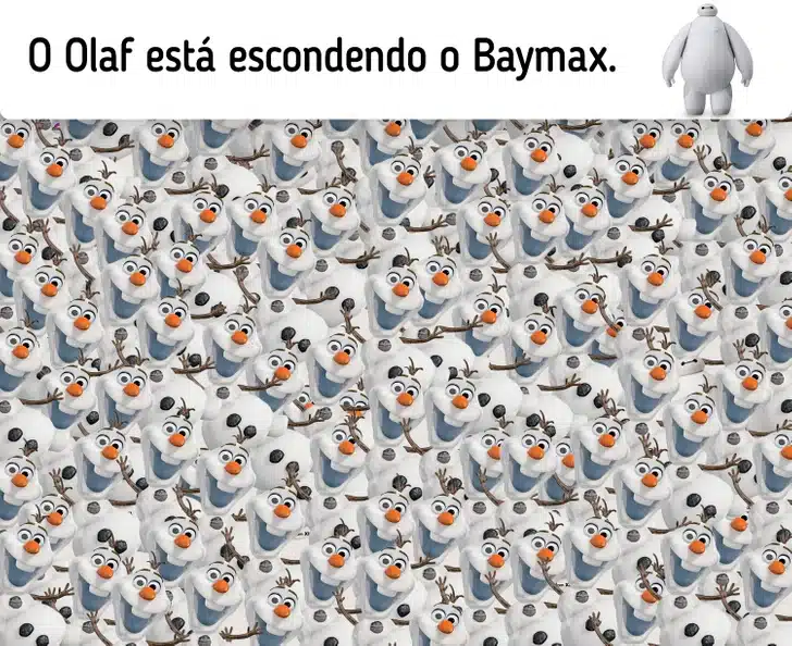 Desfio visual com diversos personagens Olaf juntos, dificultando encontrar o Baymax escondido entre eles
