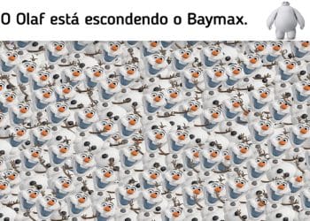 Desfio visual com diversos personagens Olaf juntos, dificultando encontrar o Baymax escondido entre eles
