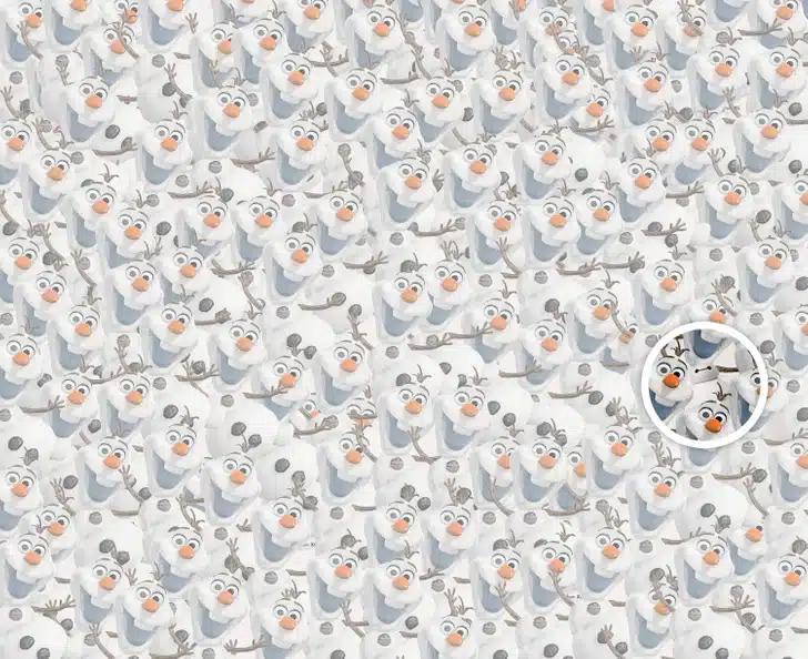 Desfio visual com diversos personagens Olaf juntos, dificultando encontrar o Baymax escondido entre eles