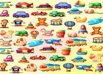 Desafio de percepção com diversos brinquedos espalhados, incluindo carros, aviões, ursos, cachorros e barcos, sobre fundo amarelo.
