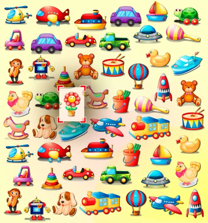Desafio de percepção com diversos brinquedos espalhados, incluindo carros, aviões, ursos, cachorros e barcos, sobre fundo amarelo.