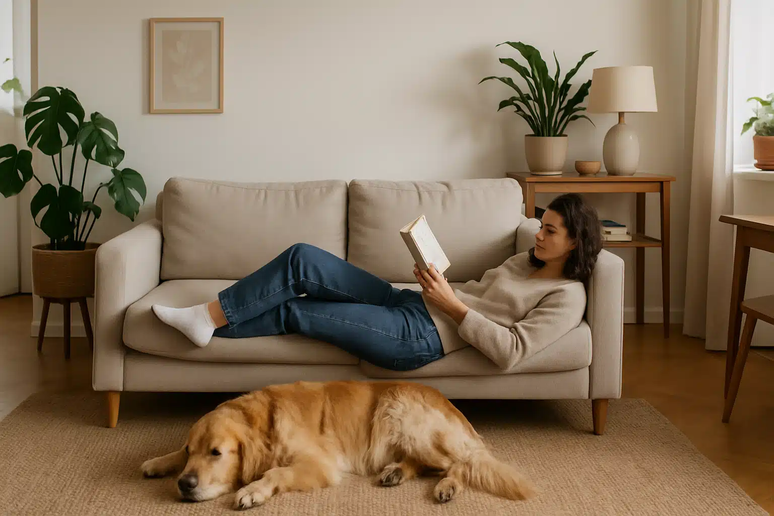 Mulher lendo livro deitada em sofá bege com cachorro dourado deitado no tapete.