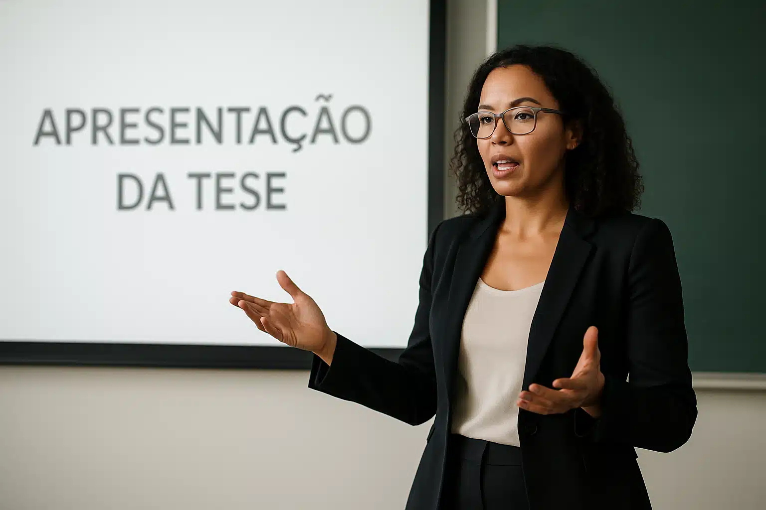 Mulher apresentando uma tese em sala de aula.