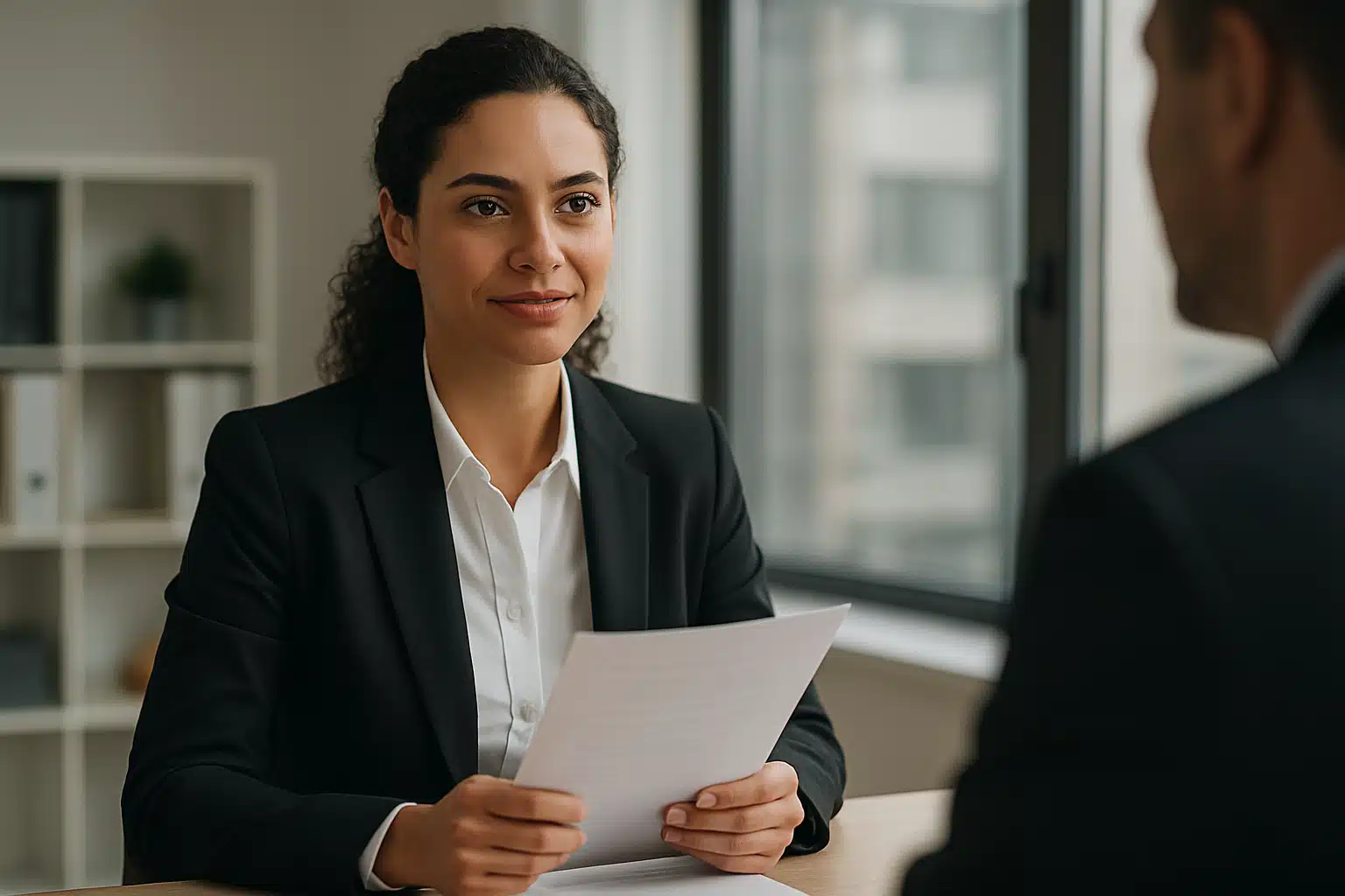 Mulher em entrevista de emprego, segurando uma folha de papel.