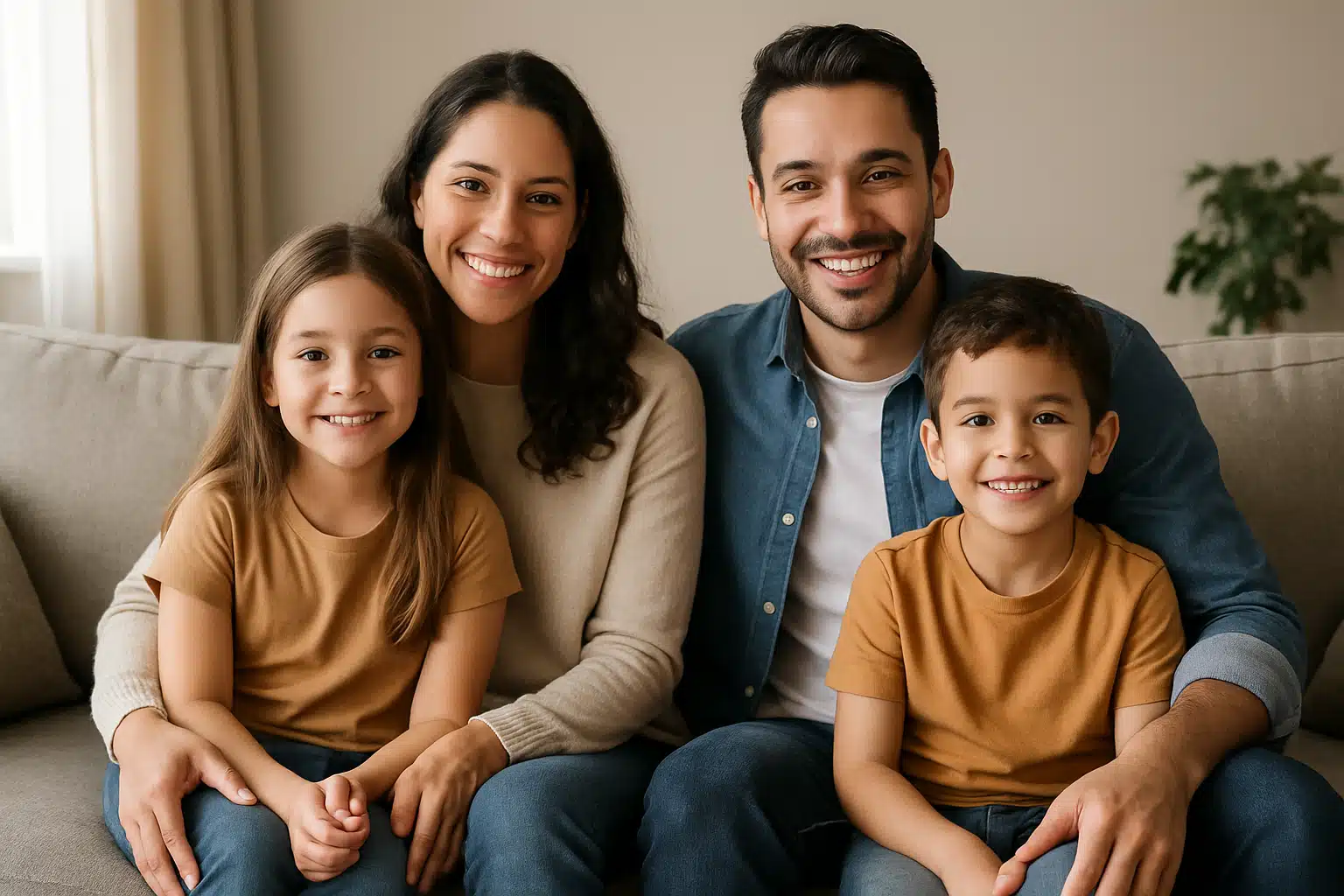 Família sorridente sentada no sofá,