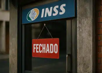 Placa vermelha escrito "fechado" pendurada na porta de unidade do INSS.