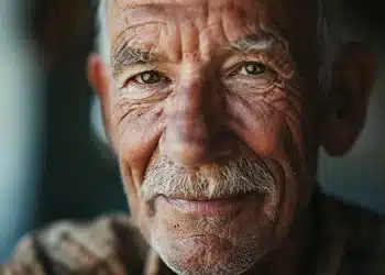 Idoso com expressão suave.