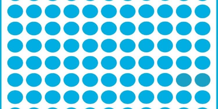 Ilusão de ótica com diversos círculos azuis alinhados, com alguns em tom diferente formando a letra L