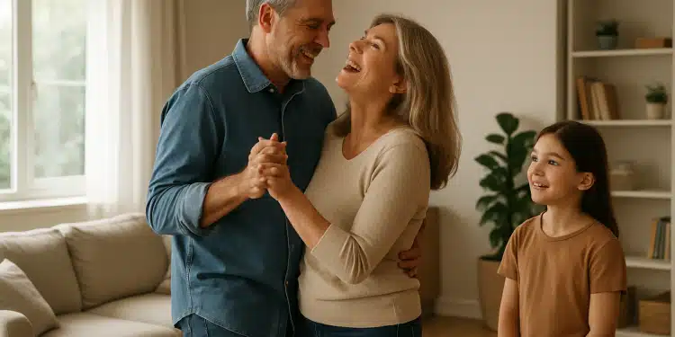 Casal dançando sorridente na sala com uma criança observando.