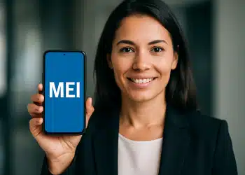 Mulher sorrindo segura um celular com a palavra MEI na tela.